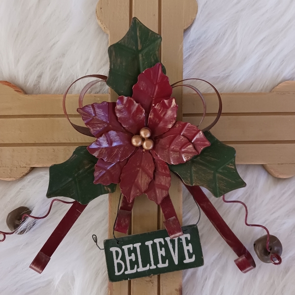 Wooden Cross with Metal Poinsettia Design - Picture 2 of 5